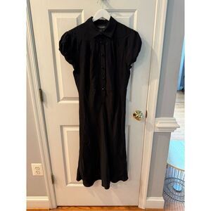 J. Peterman Black 100% Silk Puff Sleeve Short Sleeve Fitted MIDI Dress sz 12
